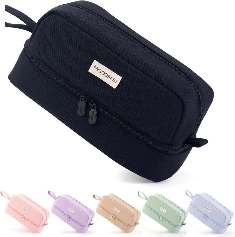 ANGOOBABY Big Capacity Large Pencil Case Canvas Pen Pouch Bag with 2 Compartments for Girls Boys Teen School Students Adults - Black - Image 1